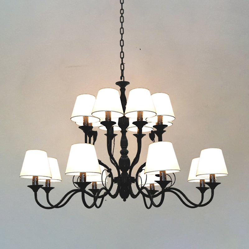 Metal Black Chandelier Lighting Cuvry Arm 10/12/16 Bulbs Vintage Ceiling Hanging Lamp with White Cone Fabric Shade