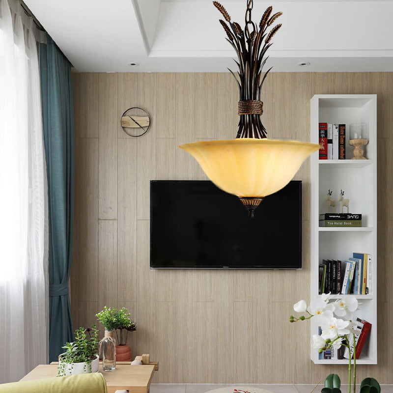 3 Heads Chandelier Pendant Lighting Traditional Wide Flare Beige Frosted Glass Ceiling Suspension Lamp in Black