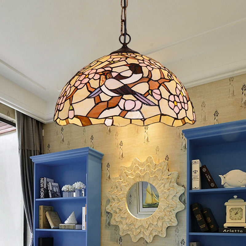White Tropical Bird Hanging Pendant Victorian 1 Light Stained Art Glass Ceiling Lamp