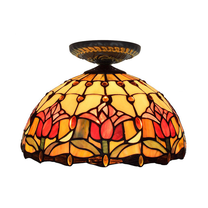 Plafonnier floral en verre teinté de style Tiffany, éclairage encastré en bronze à ampoule unique