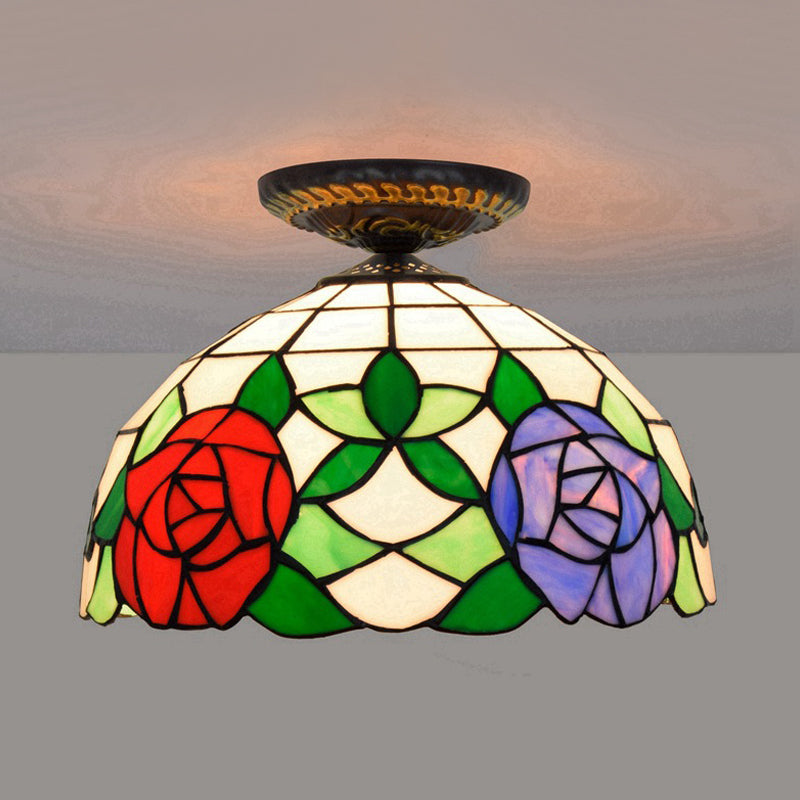 Plafonnier floral en verre teinté de style Tiffany, éclairage encastré en bronze à ampoule unique