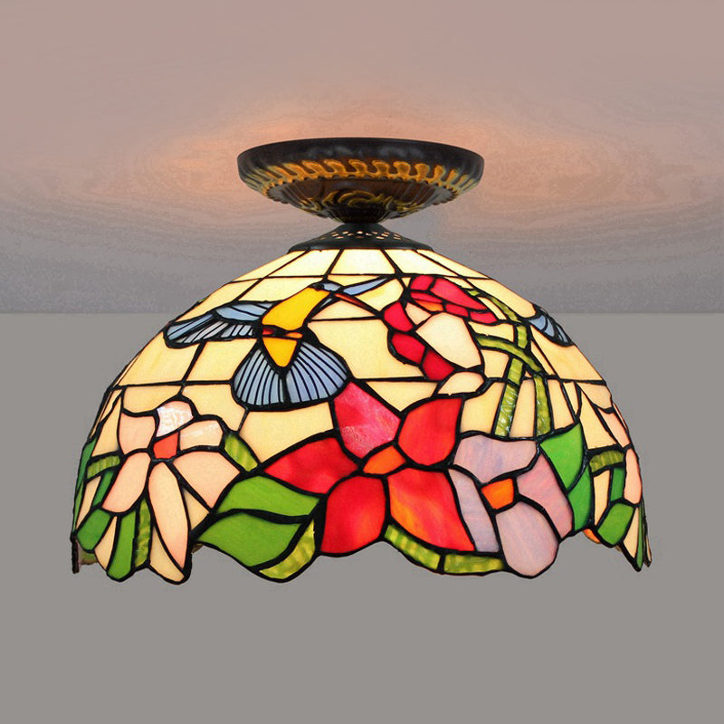 Plafonnier floral en verre teinté de style Tiffany, éclairage encastré en bronze à ampoule unique
