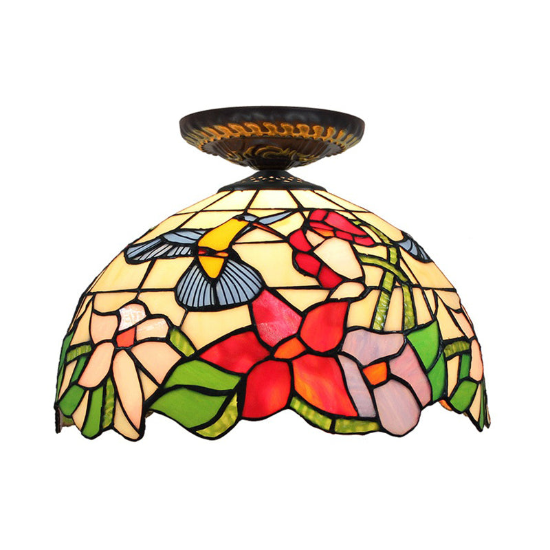 Plafonnier floral en verre teinté de style Tiffany, éclairage encastré en bronze à ampoule unique