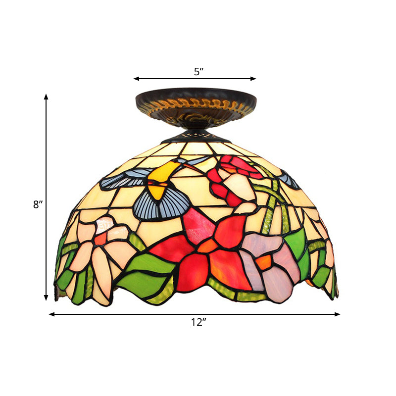 Plafonnier floral en verre teinté de style Tiffany, éclairage encastré en bronze à ampoule unique