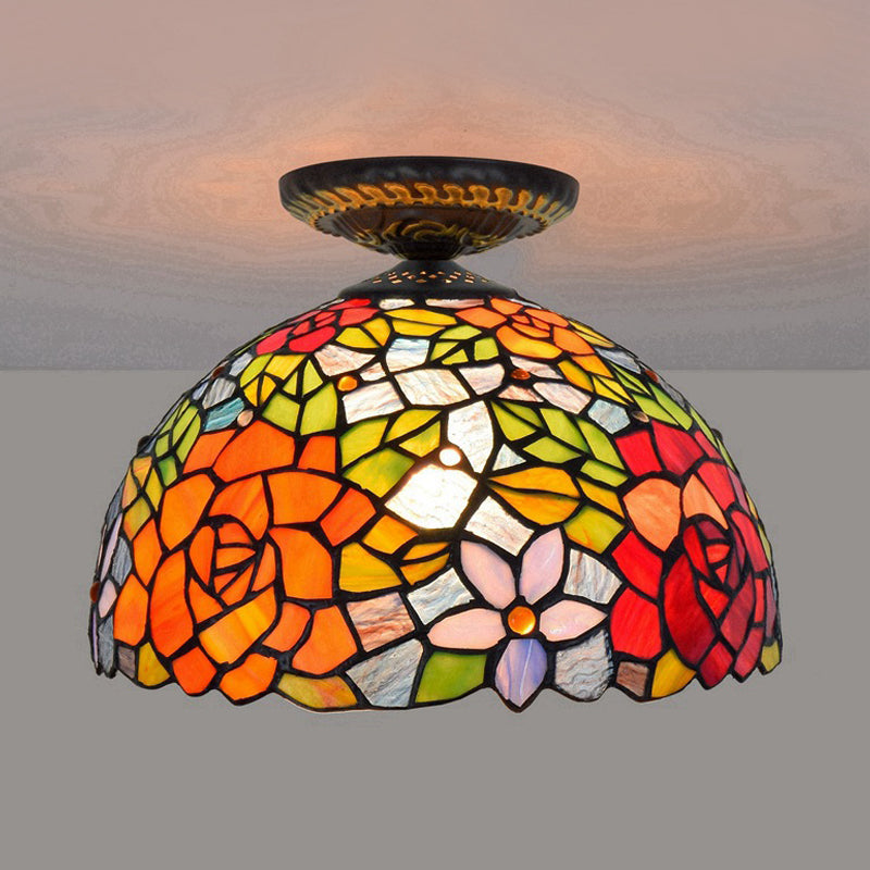 Plafonnier floral en verre teinté de style Tiffany, éclairage encastré en bronze à ampoule unique