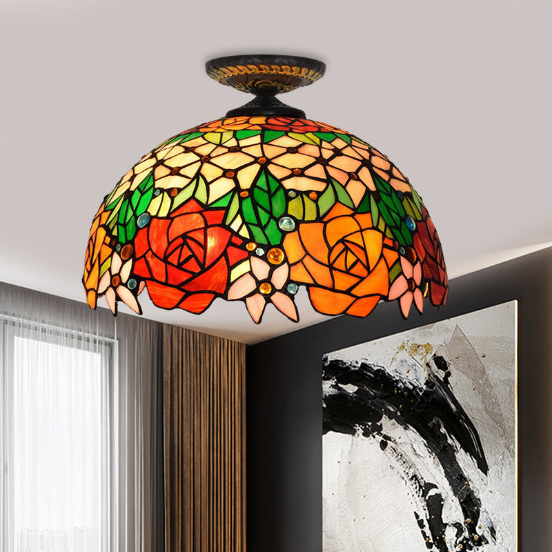 Bronze Rose/Blume Deckenlampe Tiffany 1 Birne Multicolored Buntglas-Unterputz Beleuchtung