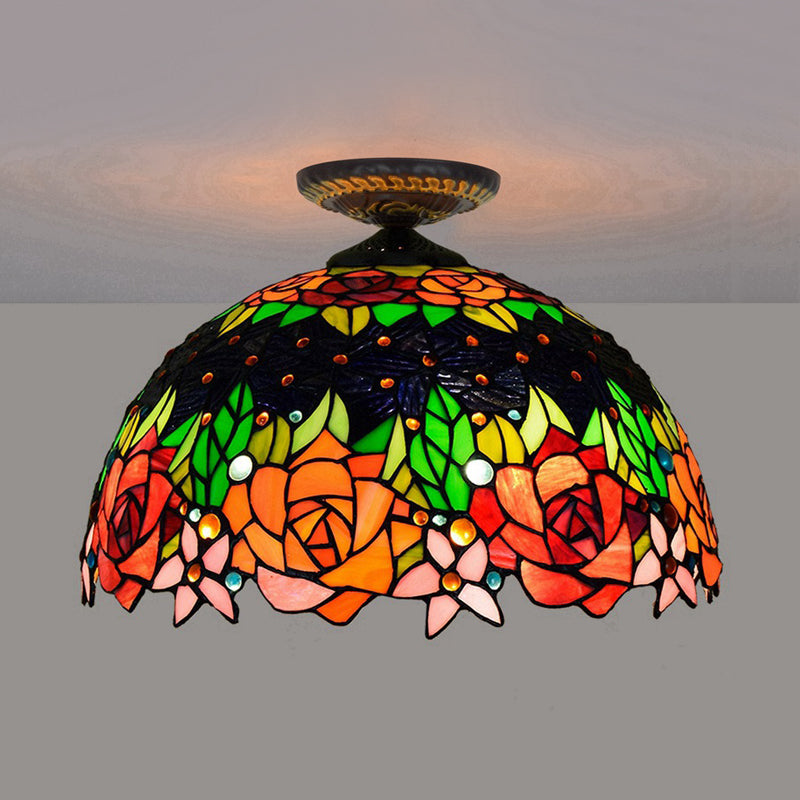 Bronze Rose/Blume Deckenlampe Tiffany 1 Birne Multicolored Buntglas-Unterputz Beleuchtung