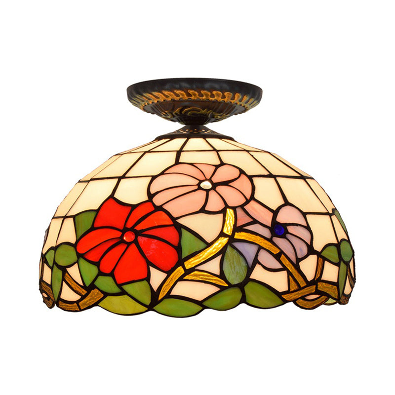 Tiffany pivoine encastré 1 ampoule verre coloré bronze lampe d'éclairage près du plafond, 12 "/ 16" de large