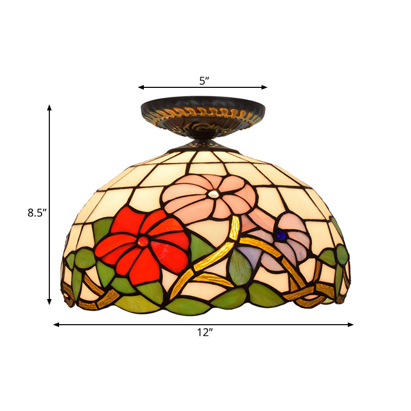 Tiffany pivoine encastré 1 ampoule verre coloré bronze lampe d'éclairage près du plafond, 12 "/ 16" de large