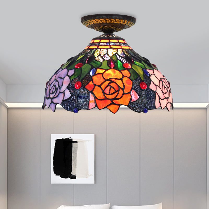 Rose Metal Ceiling Flush Mount Tiffany 12"/16" W 1 Head Brass Flush Mount Light Fixture