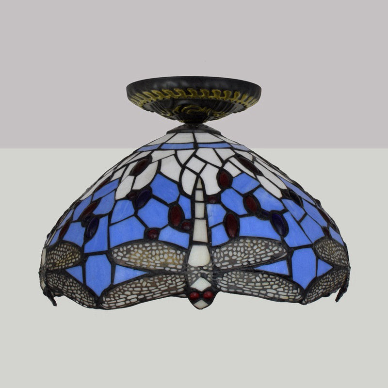 Lampe encastrée Tiffany Dragonfly, 1 ampoule, vitrail proche du plafond, luminaire en laiton