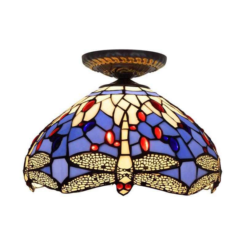 Lampe encastrée Tiffany Dragonfly, 1 ampoule, vitrail proche du plafond, luminaire en laiton