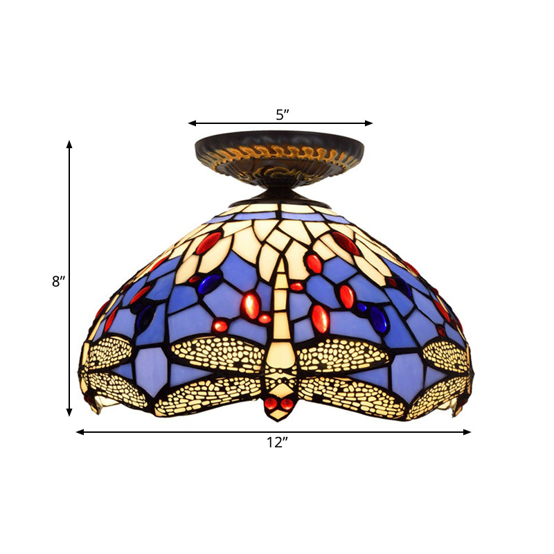 Lampe encastrée Tiffany Dragonfly, 1 ampoule, vitrail proche du plafond, luminaire en laiton