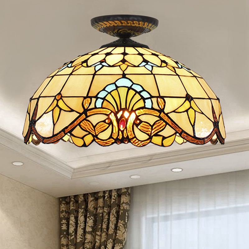 Yellow/Blue 1 Bulb Flush Mount Lighting Tiffany Hand Rolled Art Glass Floral Close to Ceiling Light, 12"/16" W