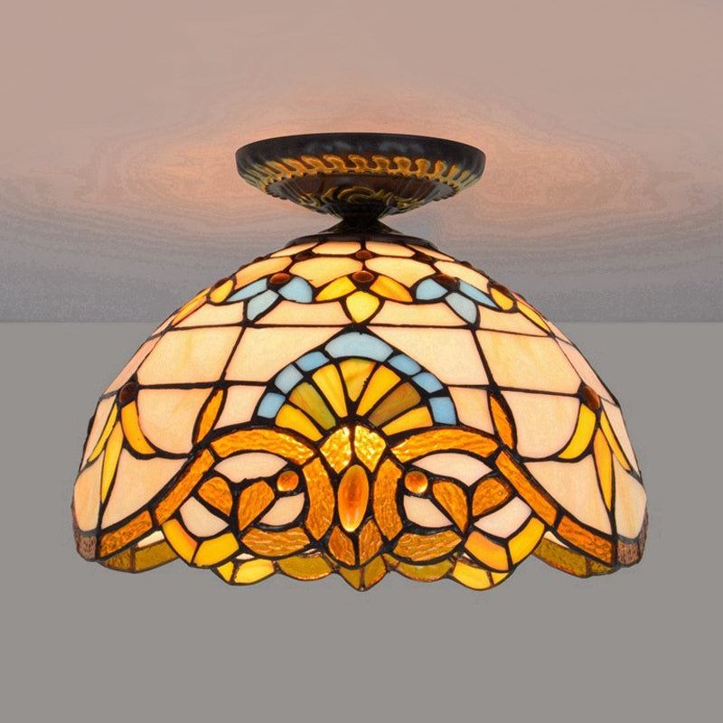 Yellow/Blue 1 Bulb Flush Mount Lighting Tiffany Hand Rolled Art Glass Floral Close to Ceiling Light, 12"/16" W
