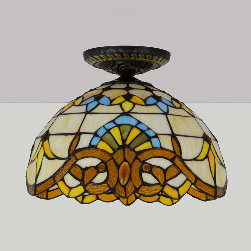 Yellow/Blue 1 Bulb Flush Mount Lighting Tiffany Hand Rolled Art Glass Floral Close to Ceiling Light, 12"/16" W