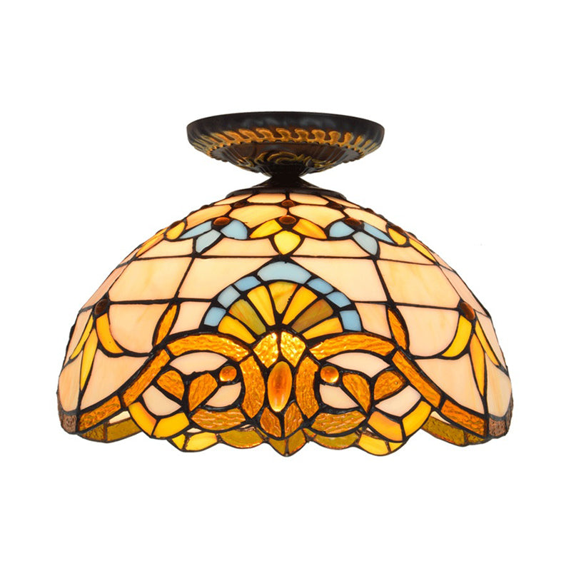 Yellow/Blue 1 Bulb Flush Mount Lighting Tiffany Hand Rolled Art Glass Floral Close to Ceiling Light, 12"/16" W