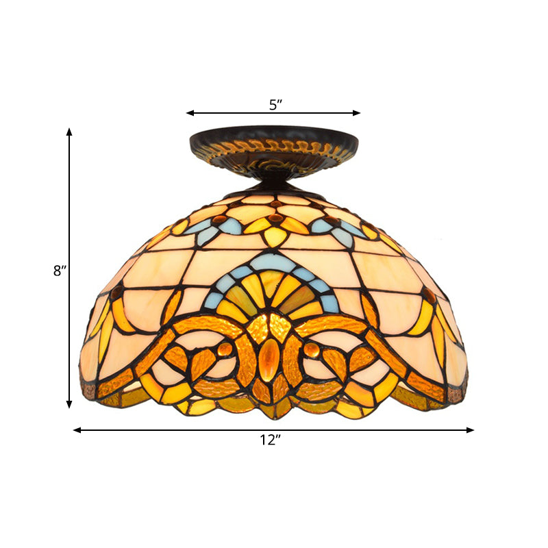 Yellow/Blue 1 Bulb Flush Mount Lighting Tiffany Hand Rolled Art Glass Floral Close to Ceiling Light, 12"/16" W