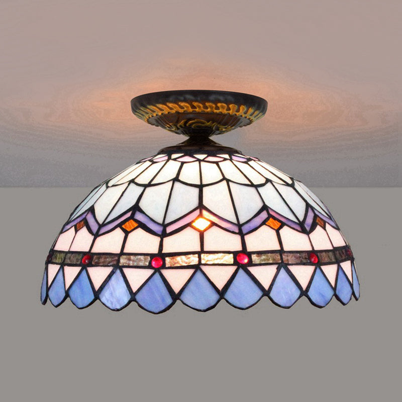 Yellow/Blue 1 Bulb Flush Mount Lighting Tiffany Hand Rolled Art Glass Floral Close to Ceiling Light, 12"/16" W