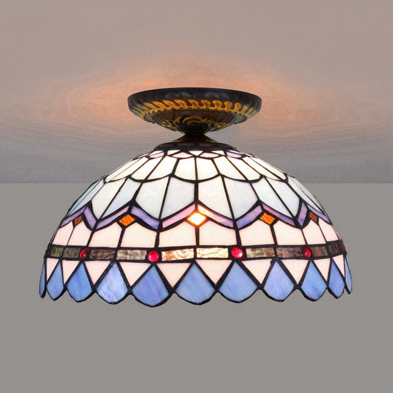 Yellow/Blue 1 Bulb Flush Mount Lighting Tiffany Hand Rolled Art Glass Floral Close to Ceiling Light, 12"/16" W