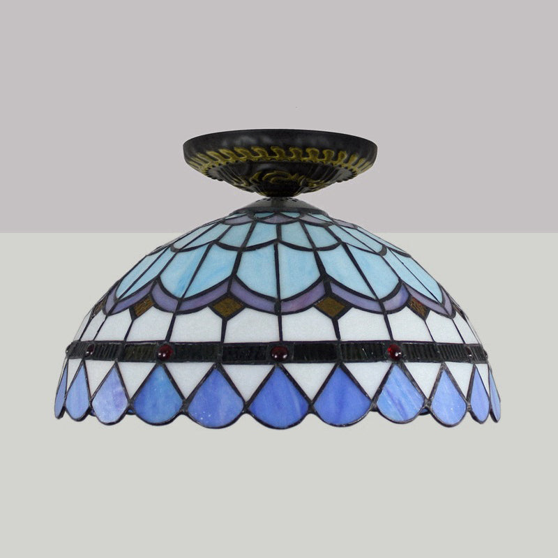 Yellow/Blue 1 Bulb Flush Mount Lighting Tiffany Hand Rolled Art Glass Floral Close to Ceiling Light, 12"/16" W