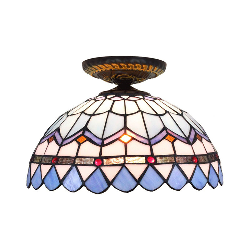 Yellow/Blue 1 Bulb Flush Mount Lighting Tiffany Hand Rolled Art Glass Floral Close to Ceiling Light, 12"/16" W