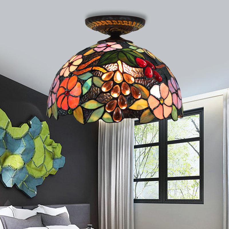 Stained Glass Blossom Ceiling Fixture Tiffany 1 Light Brass Flushmount Ceiling Lamp, 12"/16" W