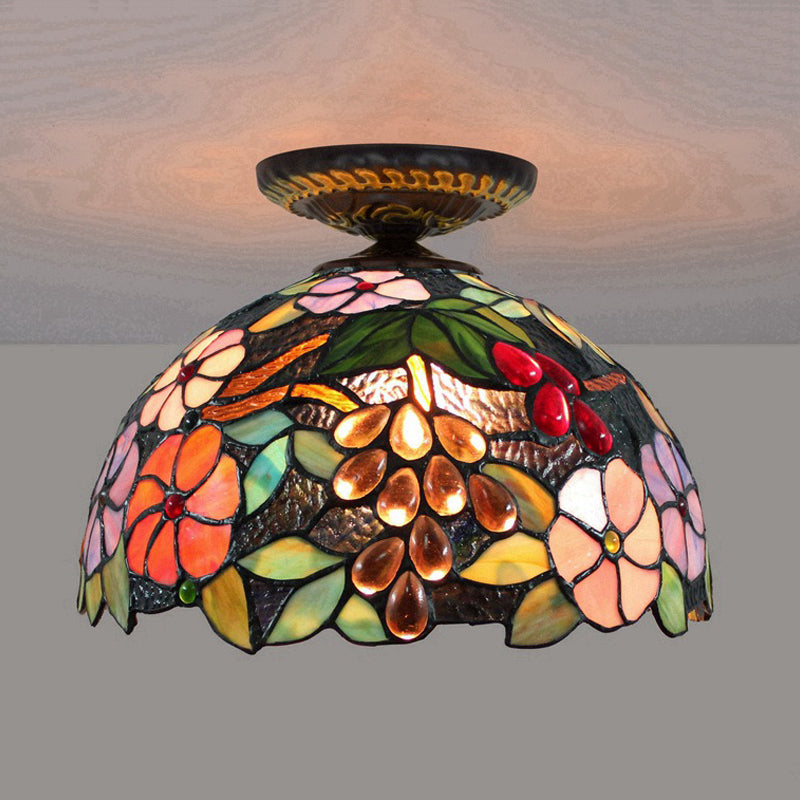 Stained Glass Blossom Ceiling Fixture Tiffany 1 Light Brass Flushmount Ceiling Lamp, 12"/16" W