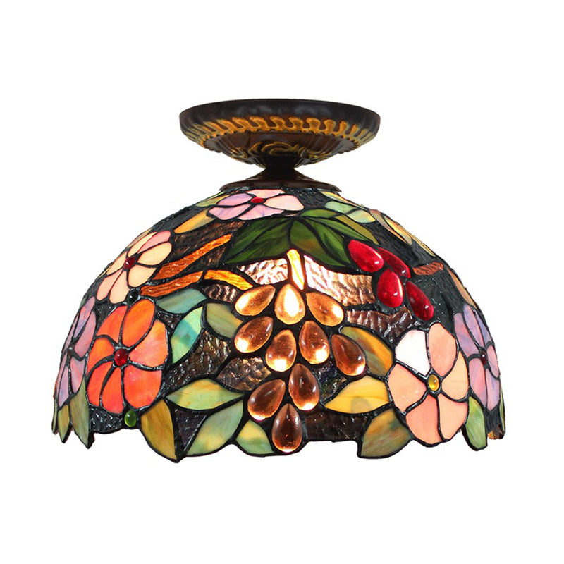 Stained Glass Blossom Ceiling Fixture Tiffany 1 Light Brass Flushmount Ceiling Lamp, 12"/16" W