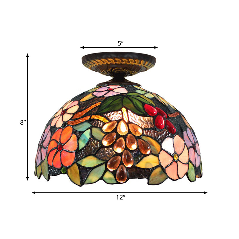 Stained Glass Blossom Ceiling Fixture Tiffany 1 Light Brass Flushmount Ceiling Lamp, 12"/16" W