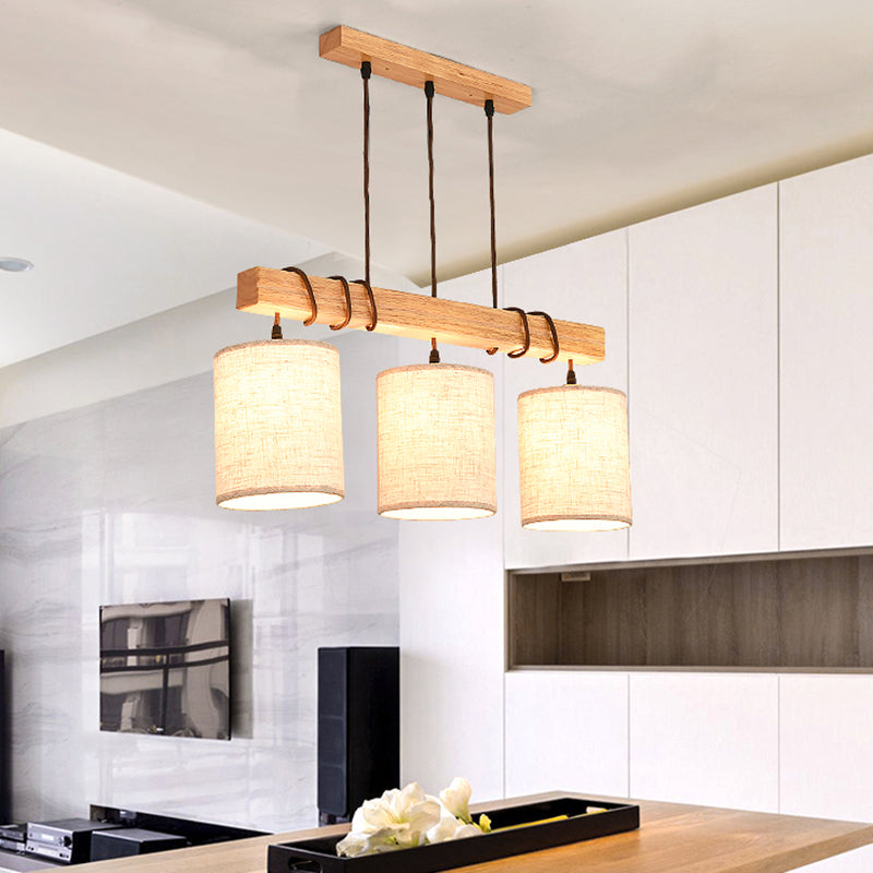Modern Cylinder Island Lighting Fabric 3 Heads Dining Room Hanging Ceiling Light in Wood