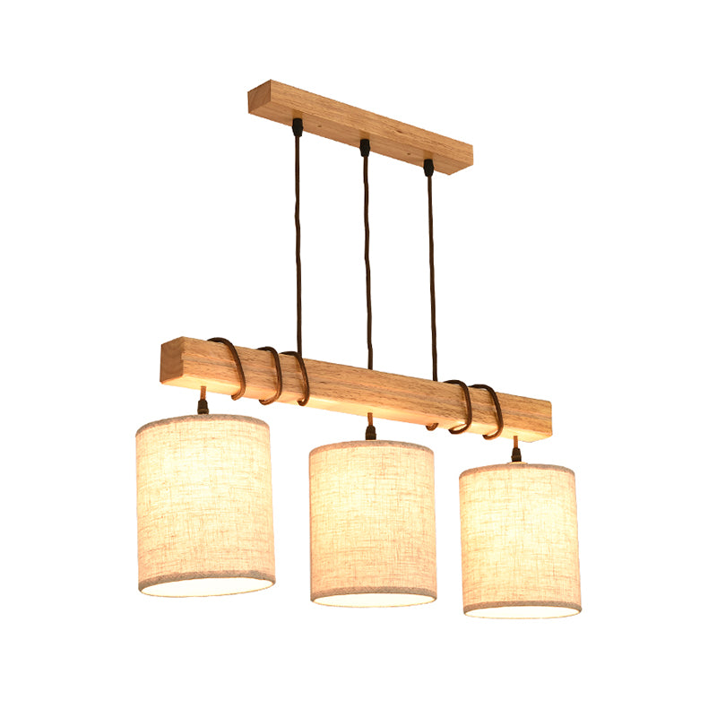Modern Cylinder Island Lighting Fabric 3 Heads Dining Room Hanging Ceiling Light in Wood