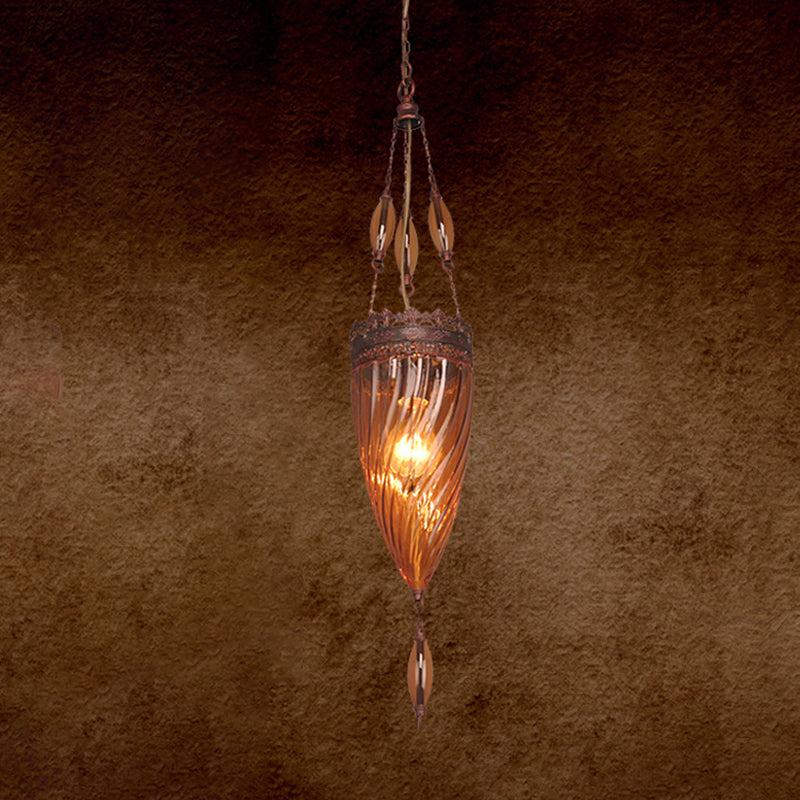 Cone Dining Room Hanging Ceiling Light Moroccan Red/Blue/Green Textured Glass 1 Light Down Lighting