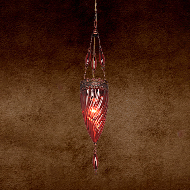 Cone Dining Room Hanging Ceiling Light Moroccan Red/Blue/Green Textured Glass 1 Light Down Lighting