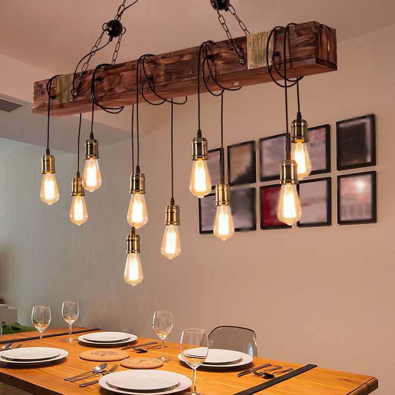 Black Island Light Fixture Industrial Style Wood Linear Pendant Light for Restaurant