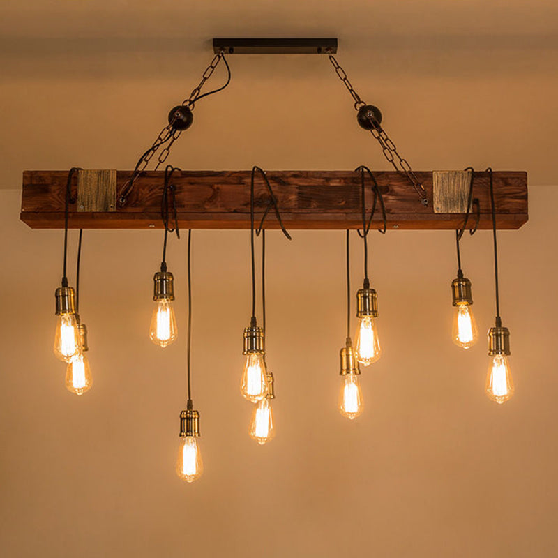 Black Island Light Fixture Industrial Style Wood Linear Pendant Light for Restaurant
