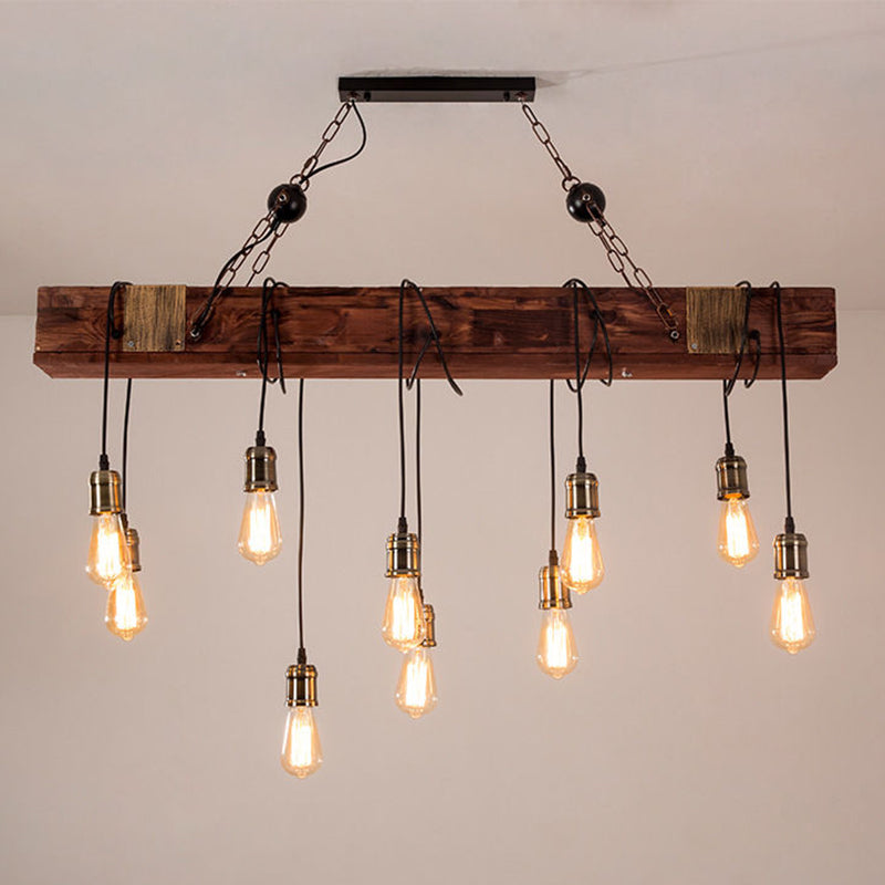 Black Island Light Fixture Industrial Style Wood Linear Pendant Light for Restaurant