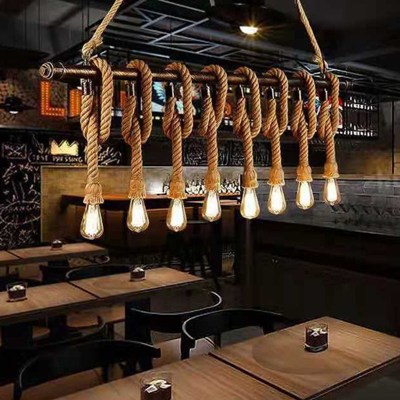 Linear Restaurant Island Pendant Light Retro Style Rope Beige Island Ceiling Light