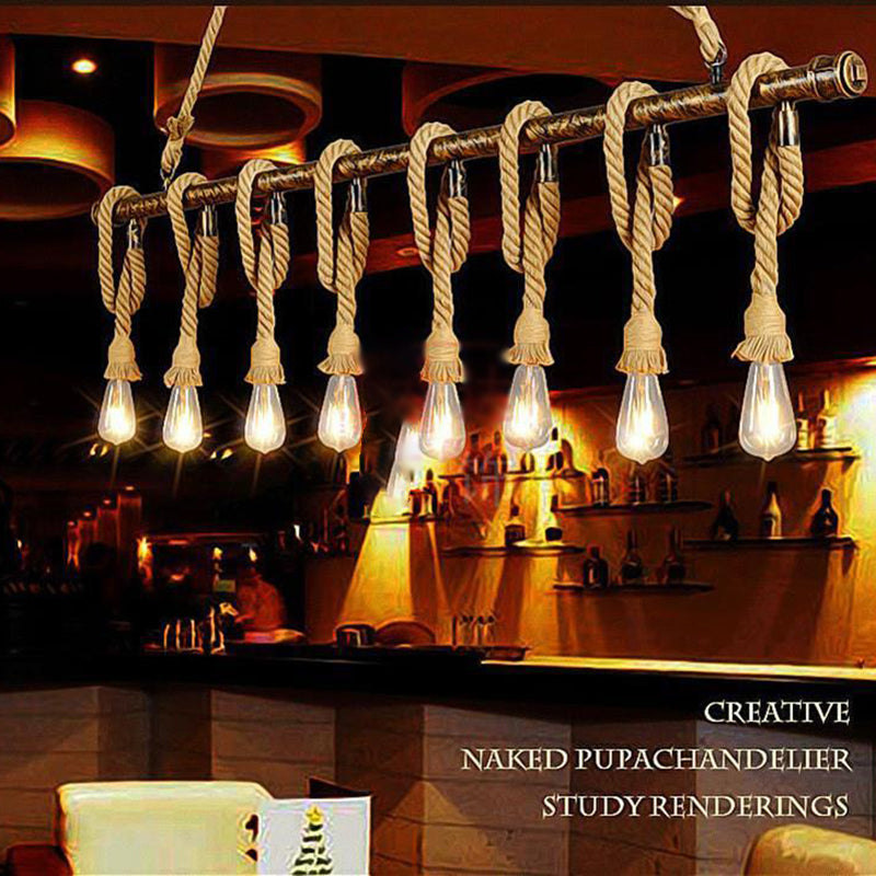 Linear Restaurant Island Pendant Light Retro Style Rope Beige Island Ceiling Light