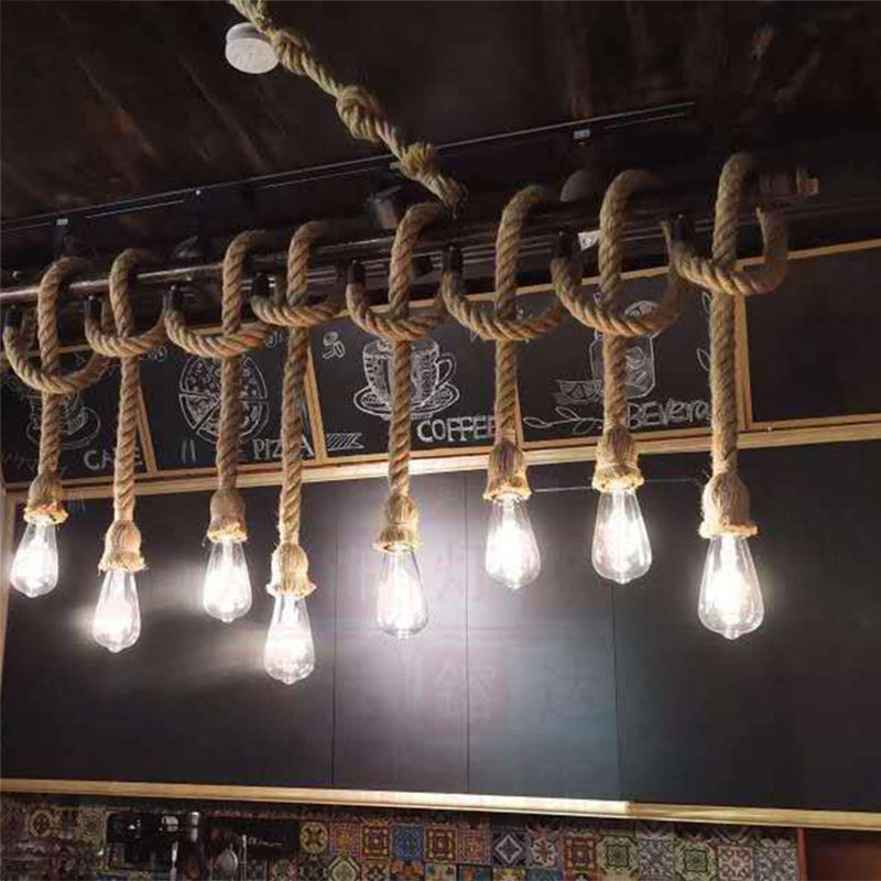 Linear Restaurant Island Pendant Light Retro Style Rope Beige Island Ceiling Light