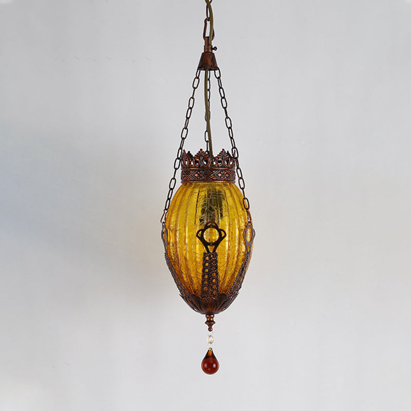 Moroccan Oval Pendant Light Fixture 1 Light Red/Yellow/Blue Textured Glass Suspension Lamp for Dining Room