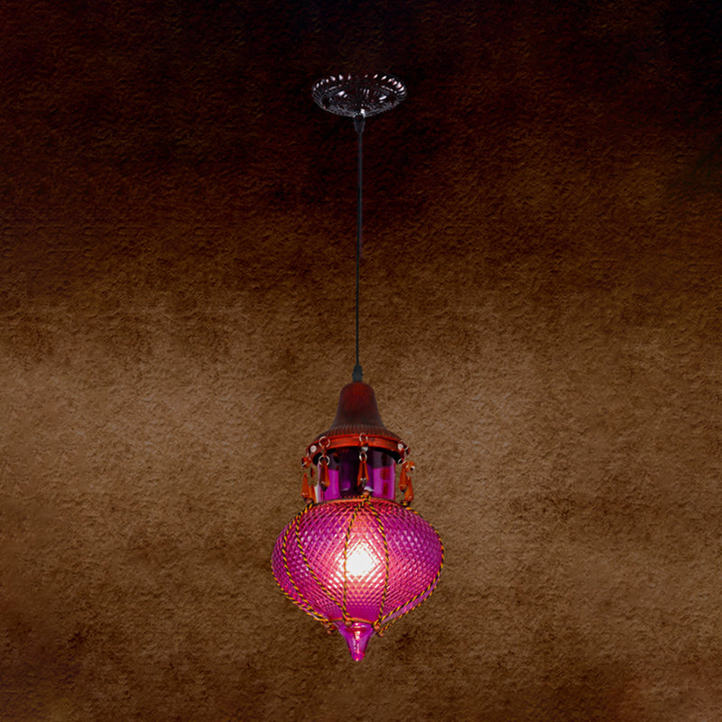 1 Light Pendant Lamp Moroccan Urn Shaped Red/Yellow/Blue Glass Hanging Light Kit for Coffee Shop