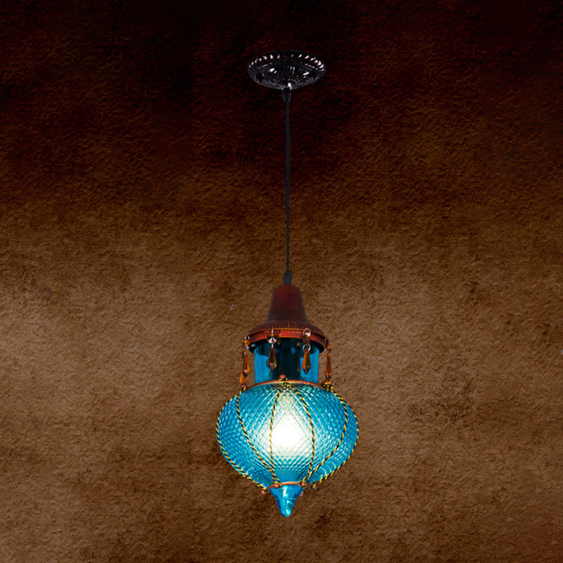 1 Light Pendant Lamp Moroccan Urn Shaped Red/Yellow/Blue Glass Hanging Light Kit for Coffee Shop
