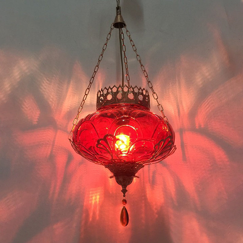 1 Light Textured Glass Hanging Pendant Light Vintage Red/Yellow/Blue Oval Shaped Dining Room Drop Lamp