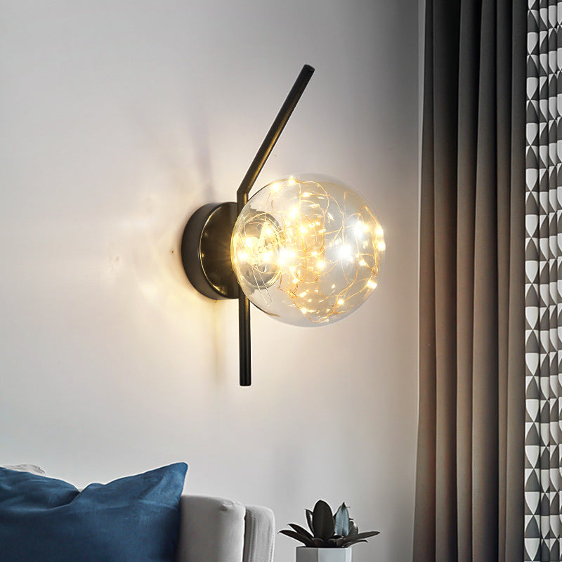 Transparent Globe Glass Bedside Lamp Nordic Style LED Lights String Stairs Sconce Light with Metal Fixed Arm
