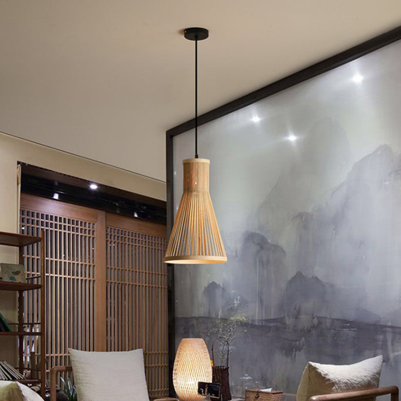 Cone Pendant Light Fixture Modern Bamboo 16"/18"/23.5" H 1 Light Beige/Brown Down Lighting for Dining Room