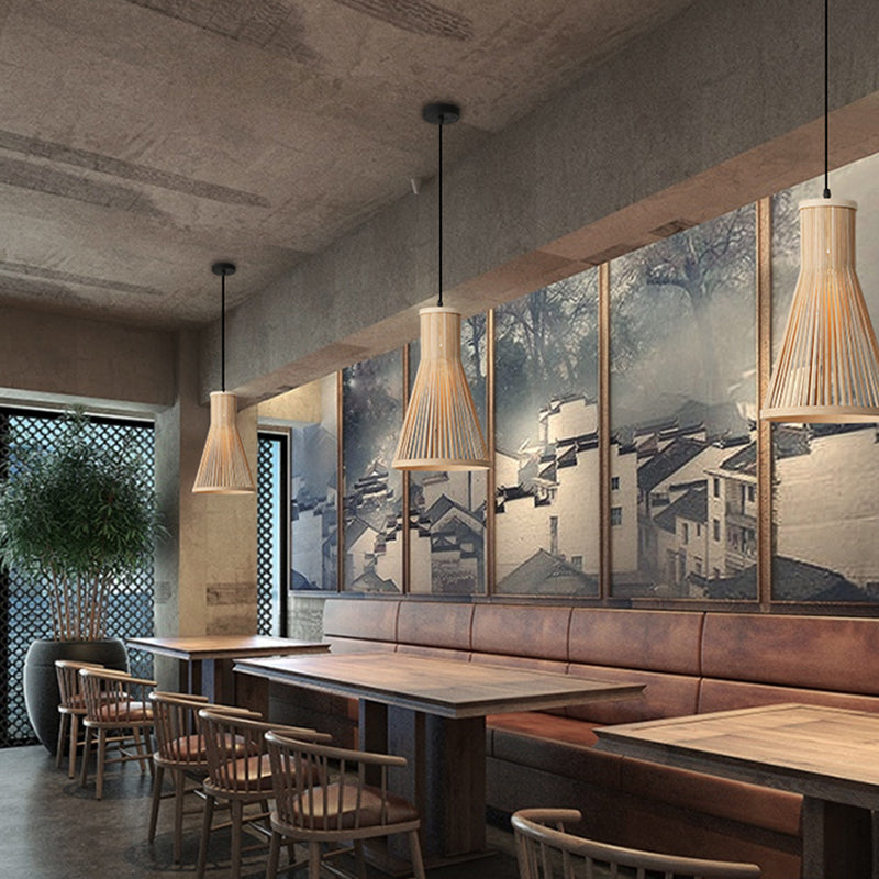 Cone Pendant Light Fixture Modern Bamboo 16"/18"/23.5" H 1 Light Beige/Brown Down Lighting for Dining Room
