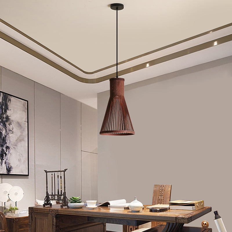 Cone Pendant Light Fixture Modern Bamboo 16"/18"/23.5" H 1 Light Beige/Brown Down Lighting for Dining Room