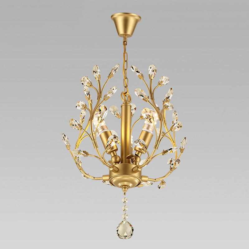 Country Style Foliage Chandelier Metal Suspension Light with Crystal Decor in Gold