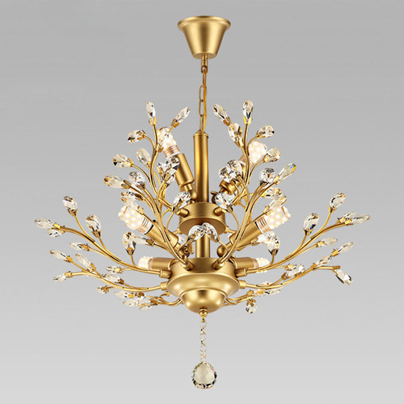 Country Style Foliage Chandelier Metal Suspension Light with Crystal Decor in Gold